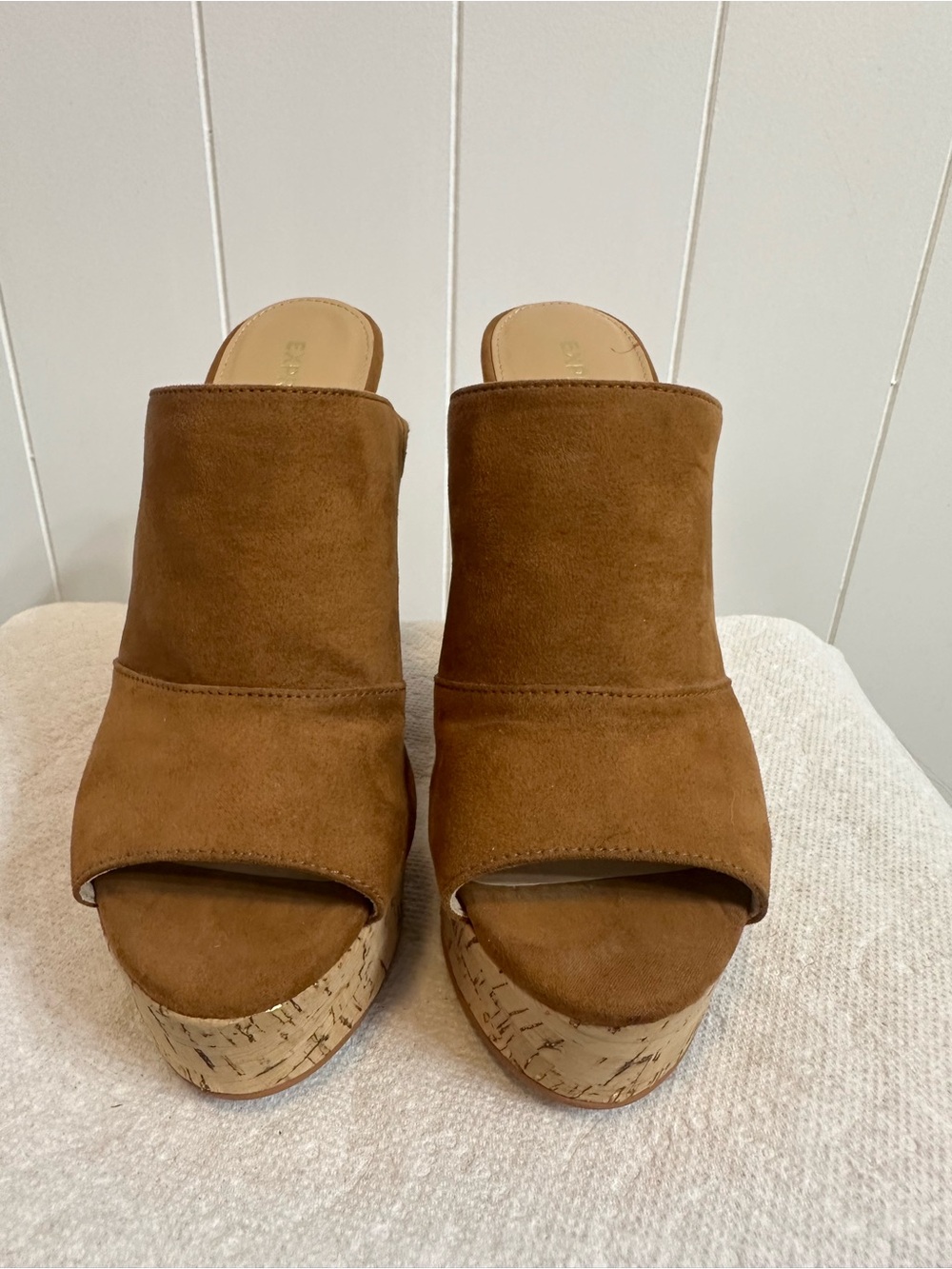 Express Tan Suede Cork Wedge Mule Sandals